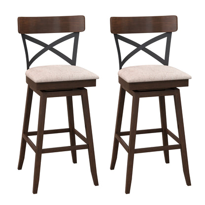 Set of 2 Wooden Swivel Bar Stools with Cushioned Seat and Open X Back-30 inches - 30 Inches