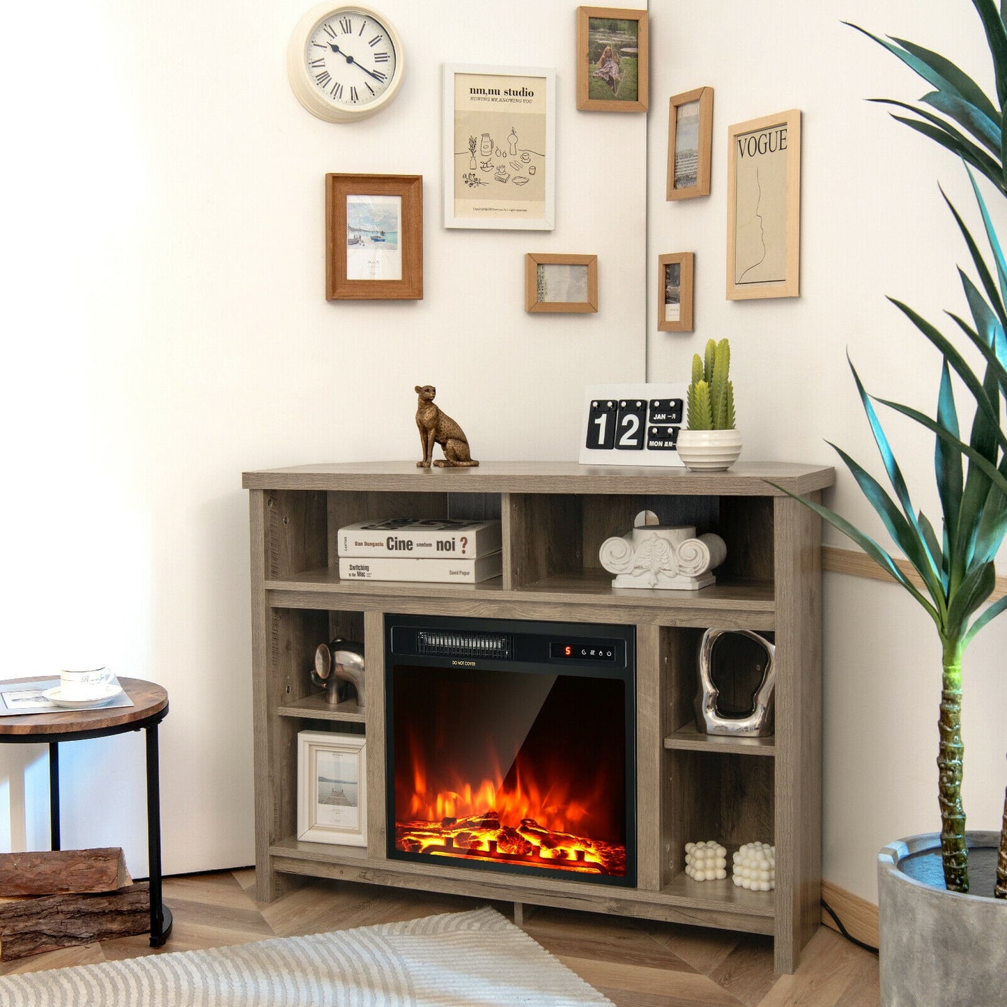 Modern Corner TV Stand with Adjustable Shelves for TVs up to 48 Inch-Natural