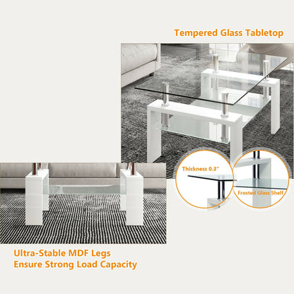 Rectangular Tempered Glass Coffee Table End Side Table with Shelf-White