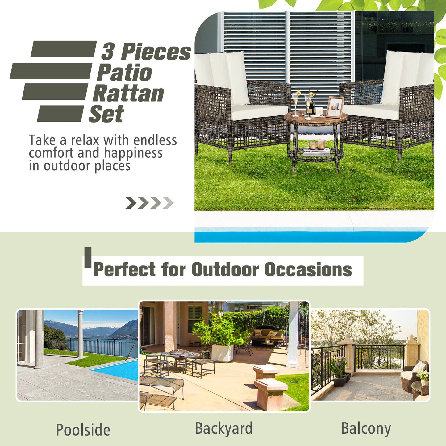 3 Pieces Patio Rattan Furniture Set with Cushioned Sofas and Wood Table Top-White