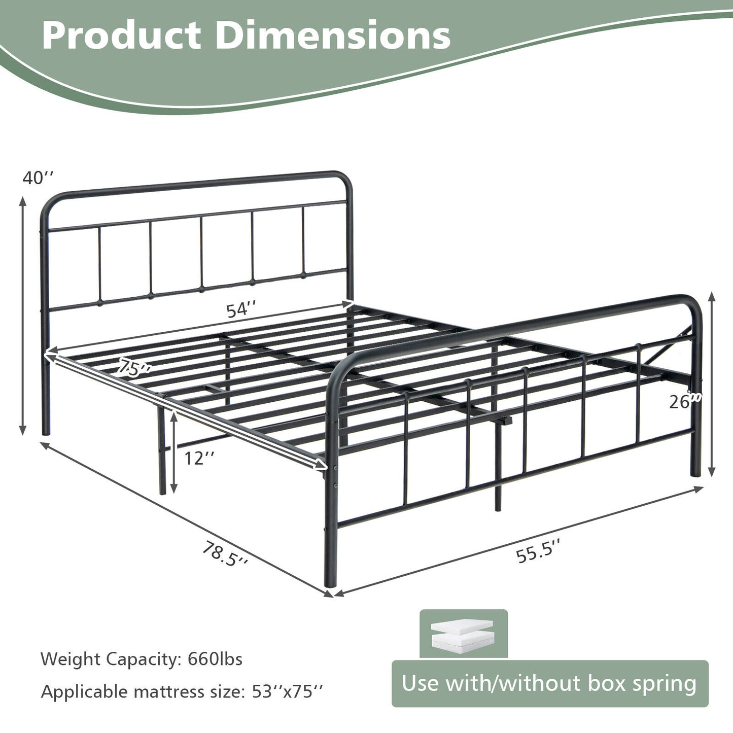 Heavy Duty Metal Platform Bed Frame with Headboard-Full Size