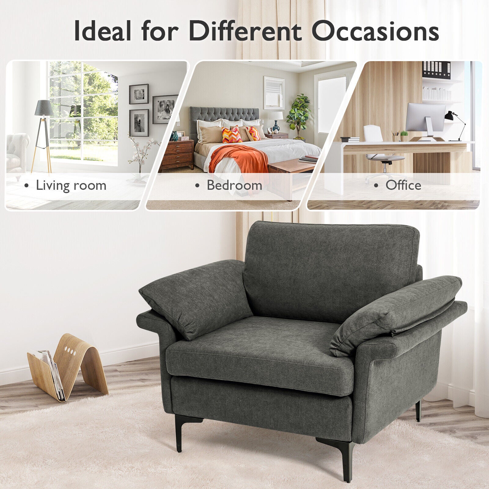 Modern Fabric Accent Armchair with Original Distributed Spring and Armrest Cushions-Gray