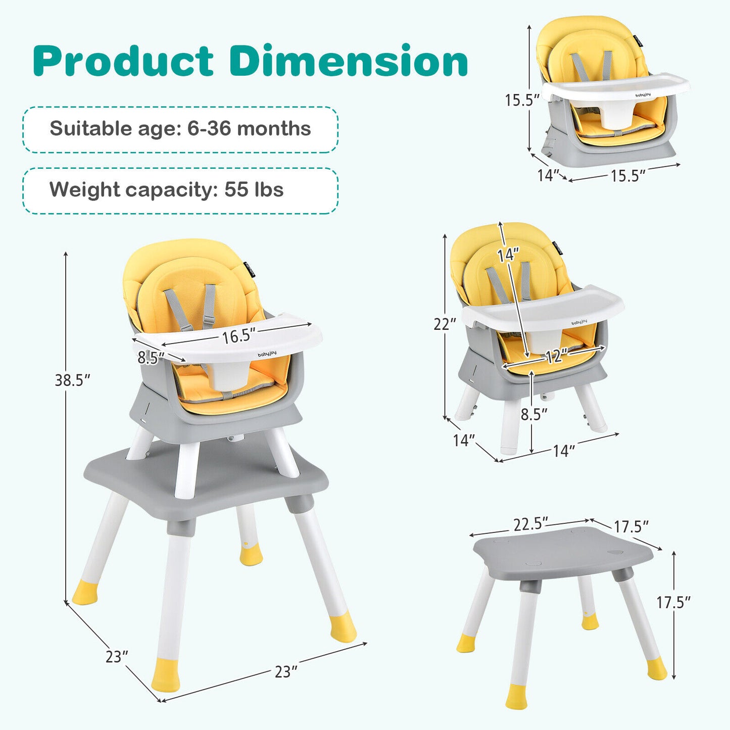 6-in-1 Convertible Baby High Chair with Adjustable Removable Tray-Black - Yellow