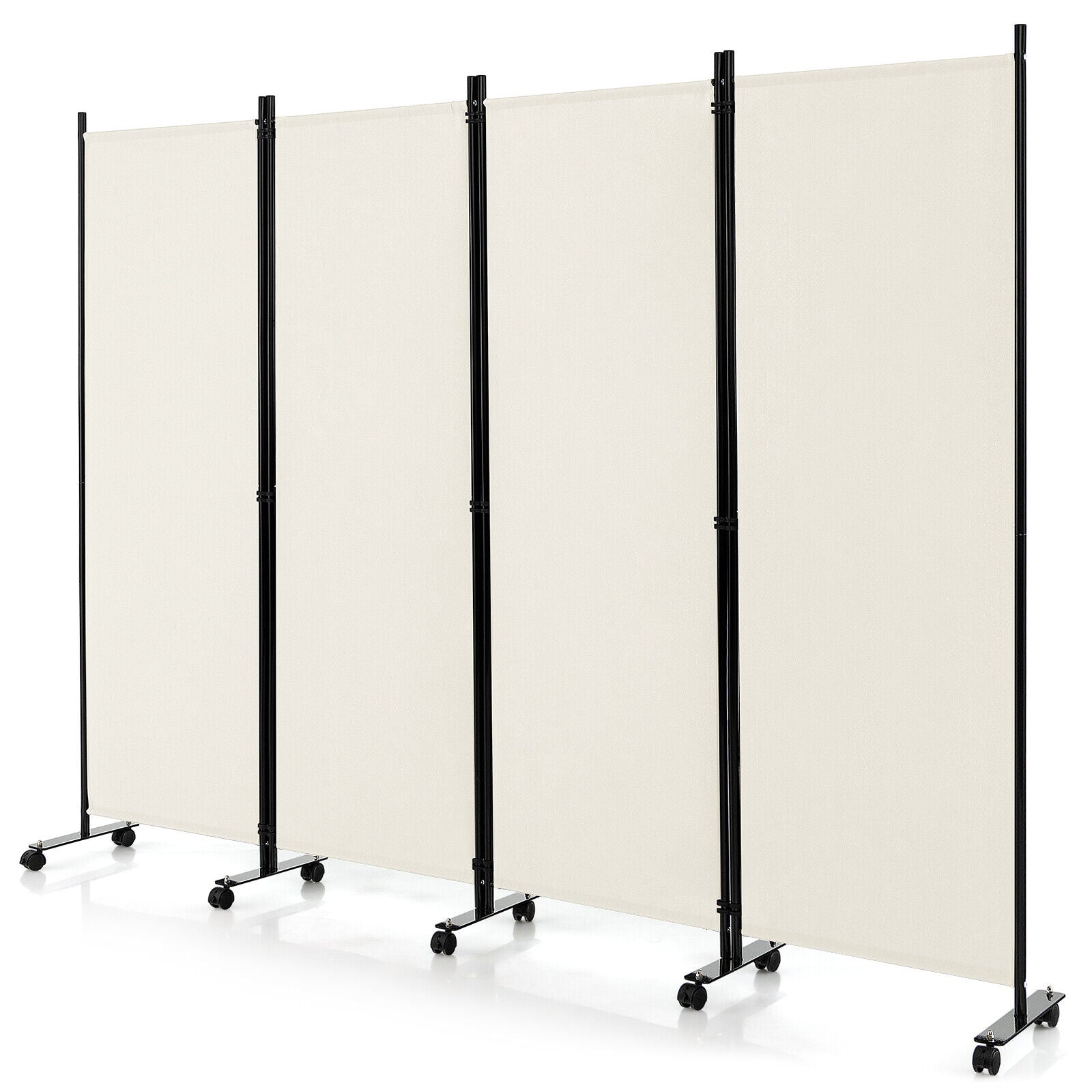 4-Panel Folding Room Divider 6 Feet Rolling Privacy Screen with Lockable Wheels-Black - White