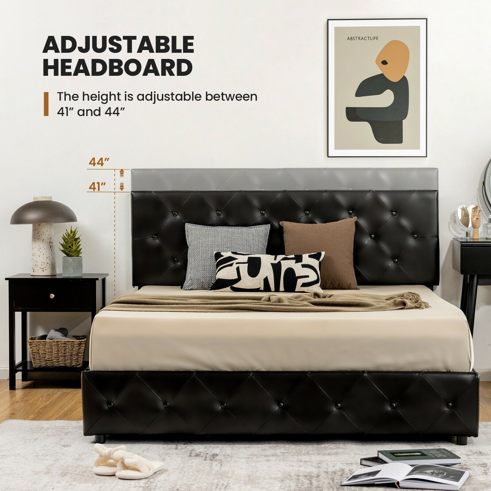 Full/Queen PU Leather Upholstered Platform Bed with 4 Drawers-Queen Size