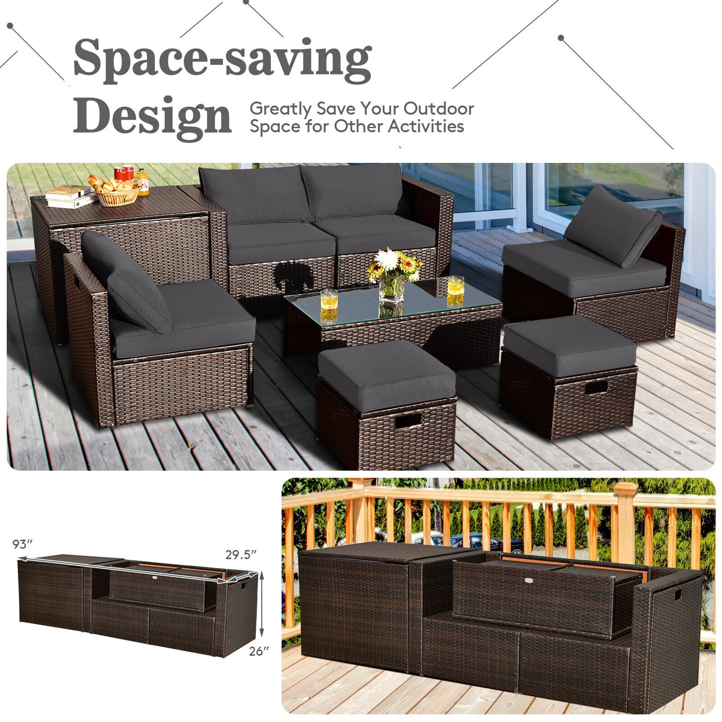 8 Pieces Patio Space-Saving Rattan Furniture Set with Storage Box and Waterproof Cover-Gray - Gray