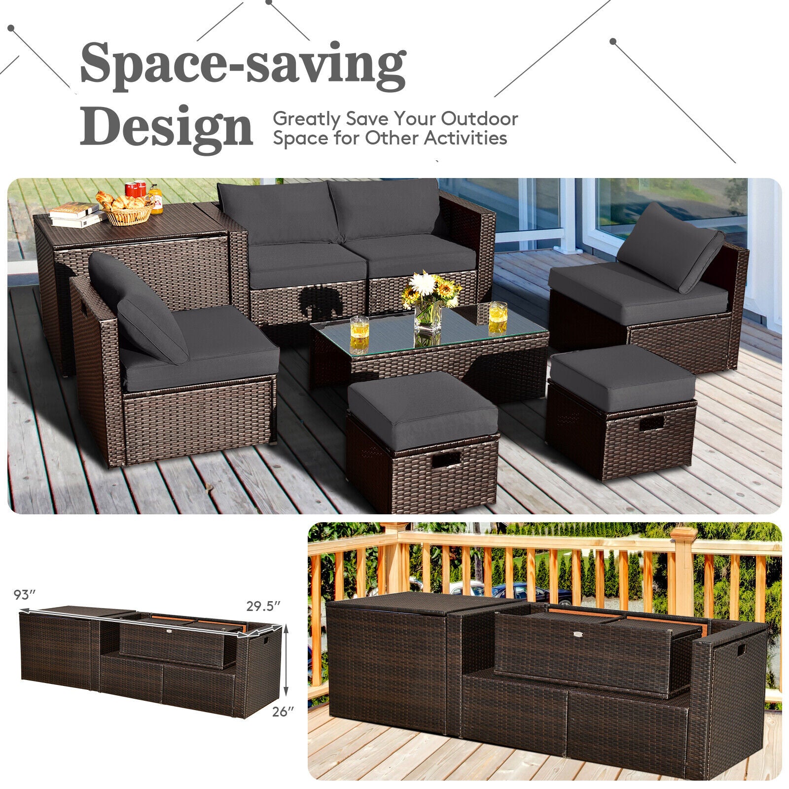 8 Pieces Patio Space-Saving Rattan Furniture Set with Storage Box and Waterproof Cover-Gray - Gray