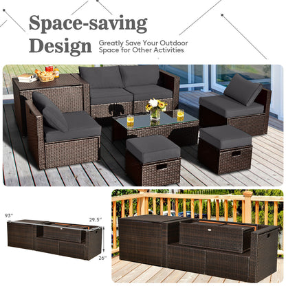 8 Pieces Patio Space-Saving Rattan Furniture Set with Storage Box and Waterproof Cover-Gray - Gray