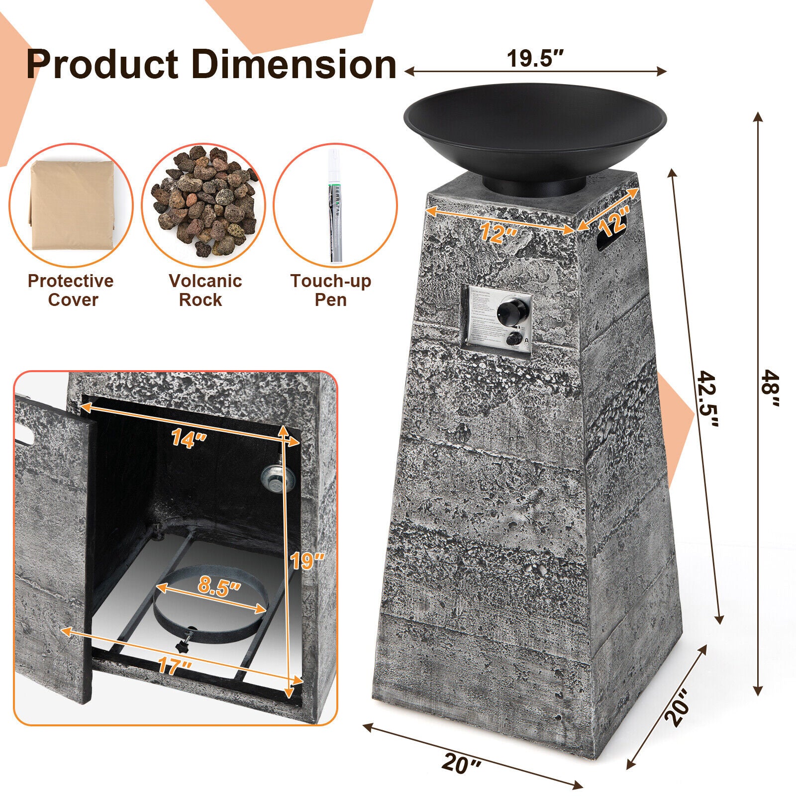 48 Inch Propane Fire Bowl Column with Lava Rocks and PVC Cover-Gray