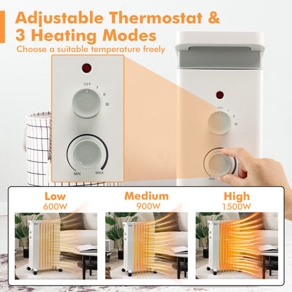 1500W Portable Oil Filled Radiator Heater with 3 Heat Settings
