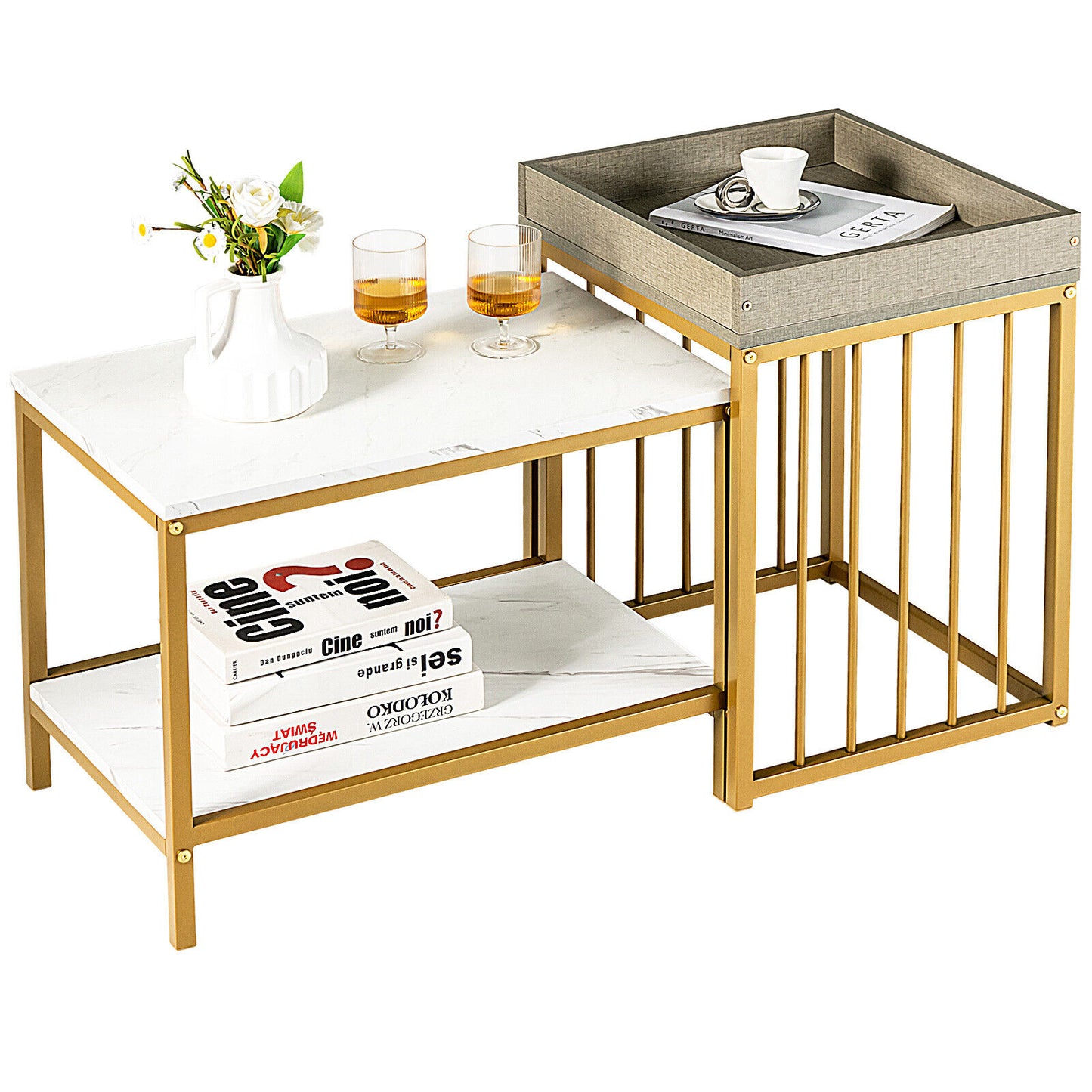 2 Pieces Nesting Coffee Table Set for Living Room-White