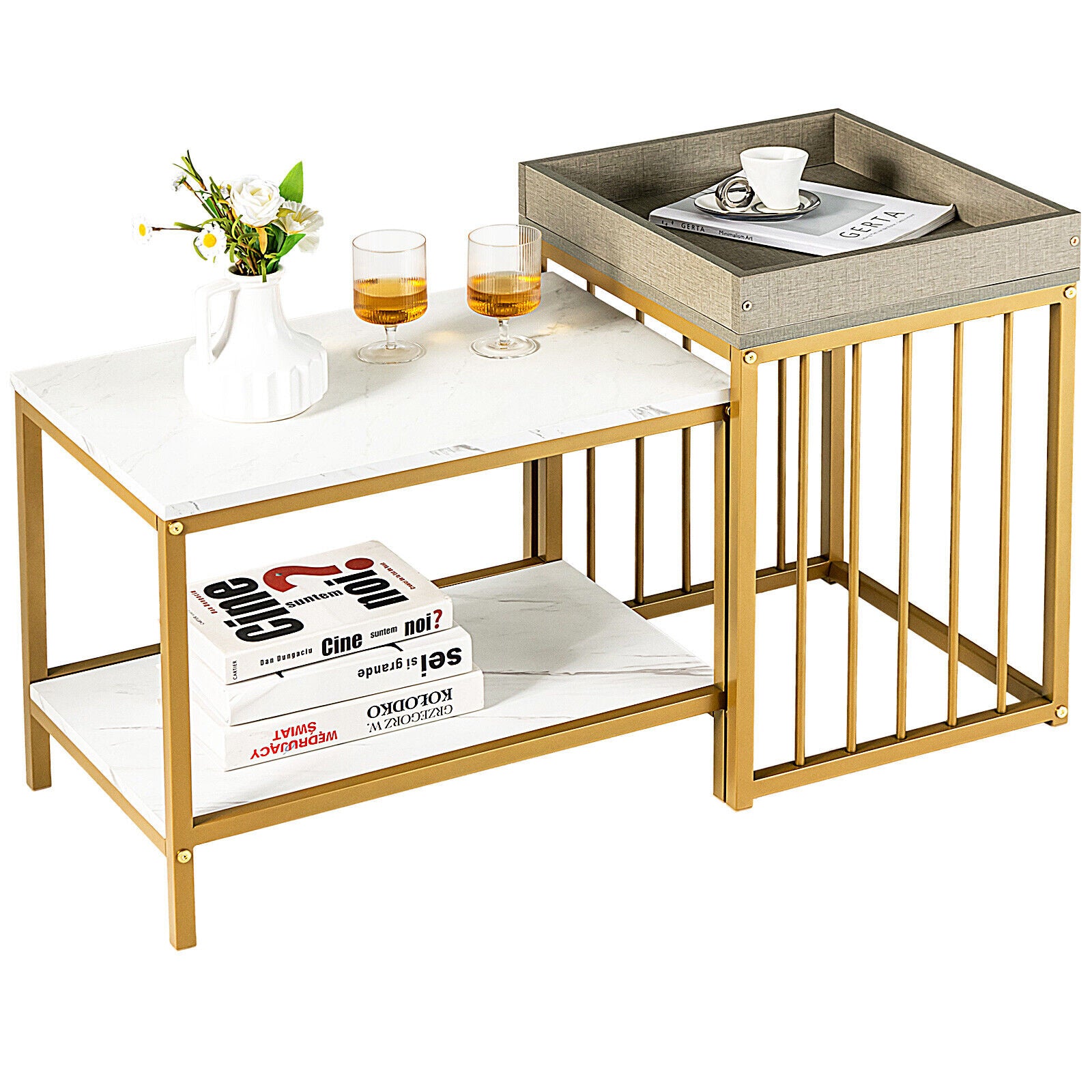 2 Pieces Nesting Coffee Table Set for Living Room-White