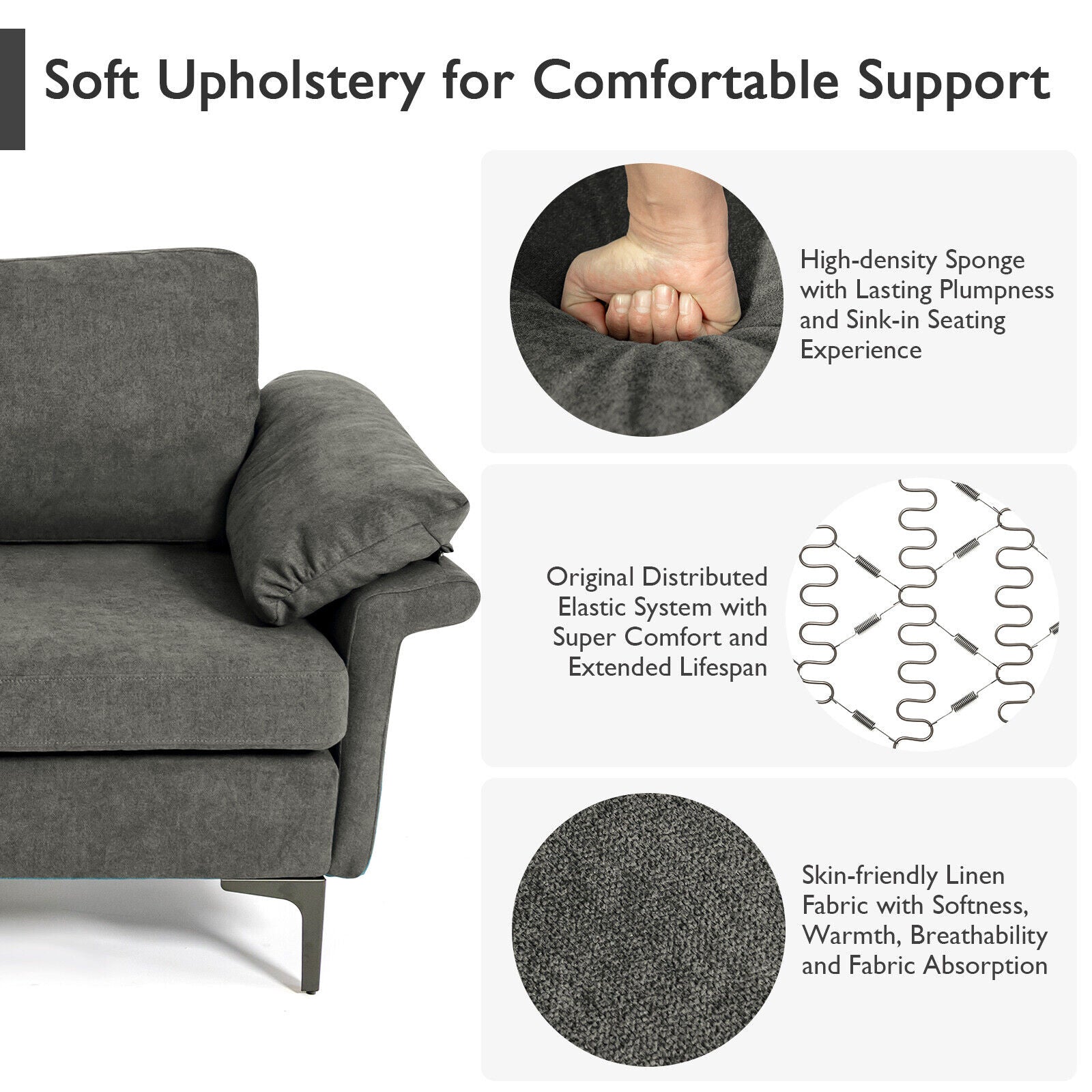 Modern Fabric Accent Armchair with Original Distributed Spring and Armrest Cushions-Gray