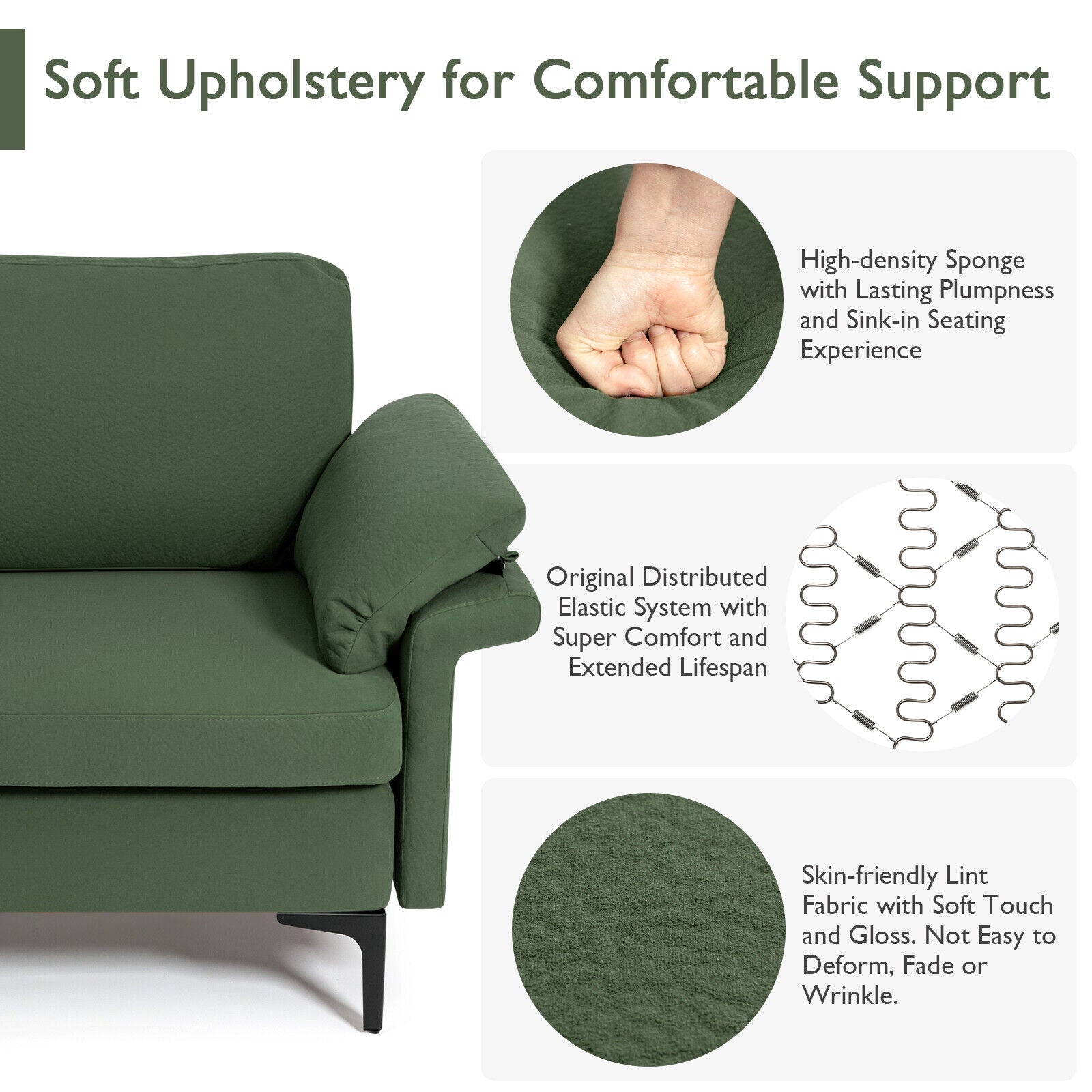 Modern Fabric Accent Armchair with Original Distributed Spring and Armrest Cushions-Army Green