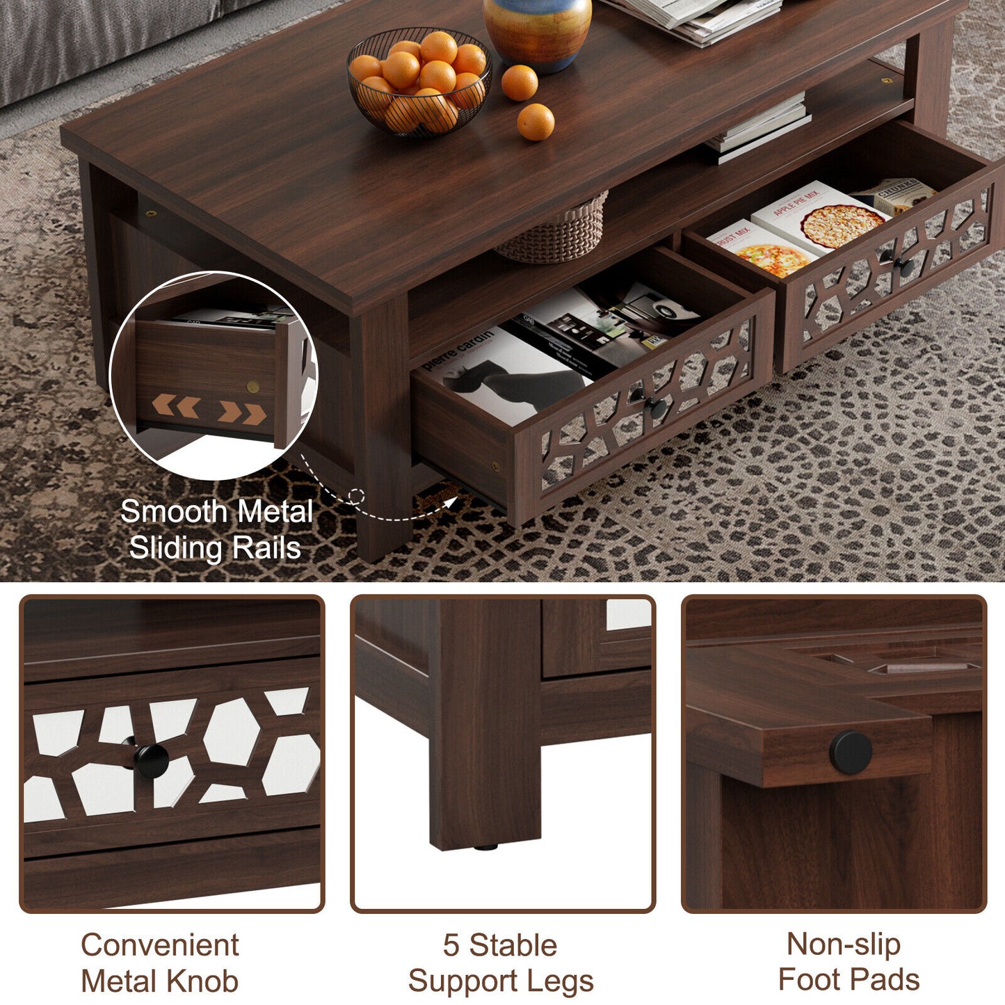 3-tier Coffee Table with 2 Drawers and 5 Support Legs-Brown