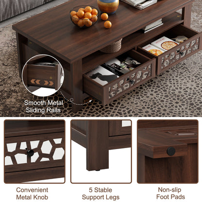 3-tier Coffee Table with 2 Drawers and 5 Support Legs-Brown