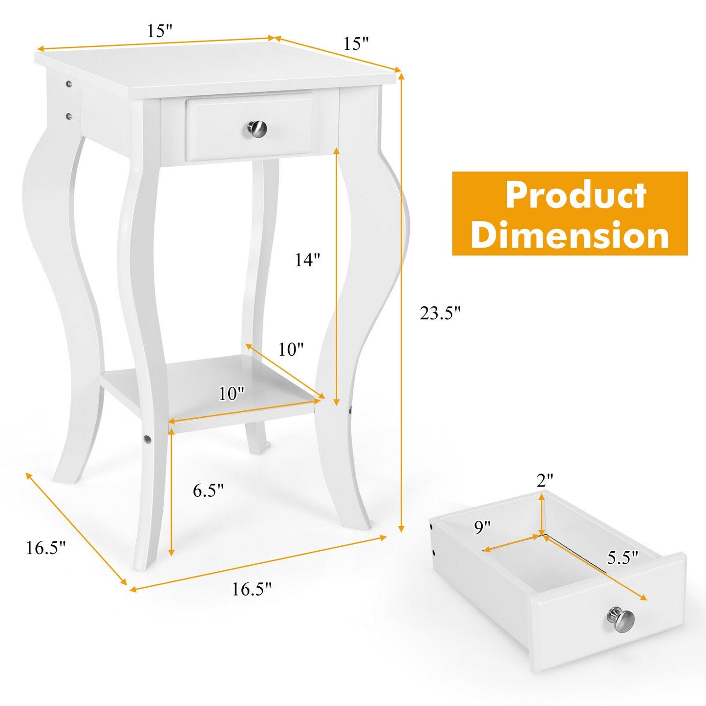 2-Tier End Table with Drawer and Shelf for Living Room Bedroom-White