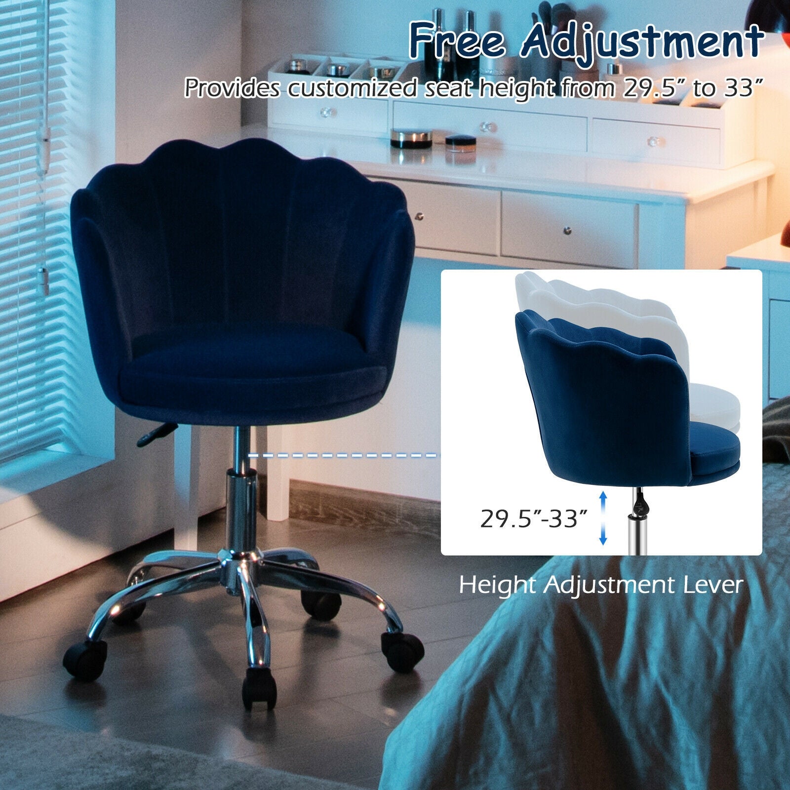 Upholstered Velvet Kids Desk Chair with Wheels and Seashell Back-Blue - Blue