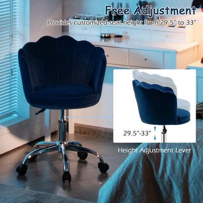 Upholstered Velvet Kids Desk Chair with Wheels and Seashell Back-Blue - Blue