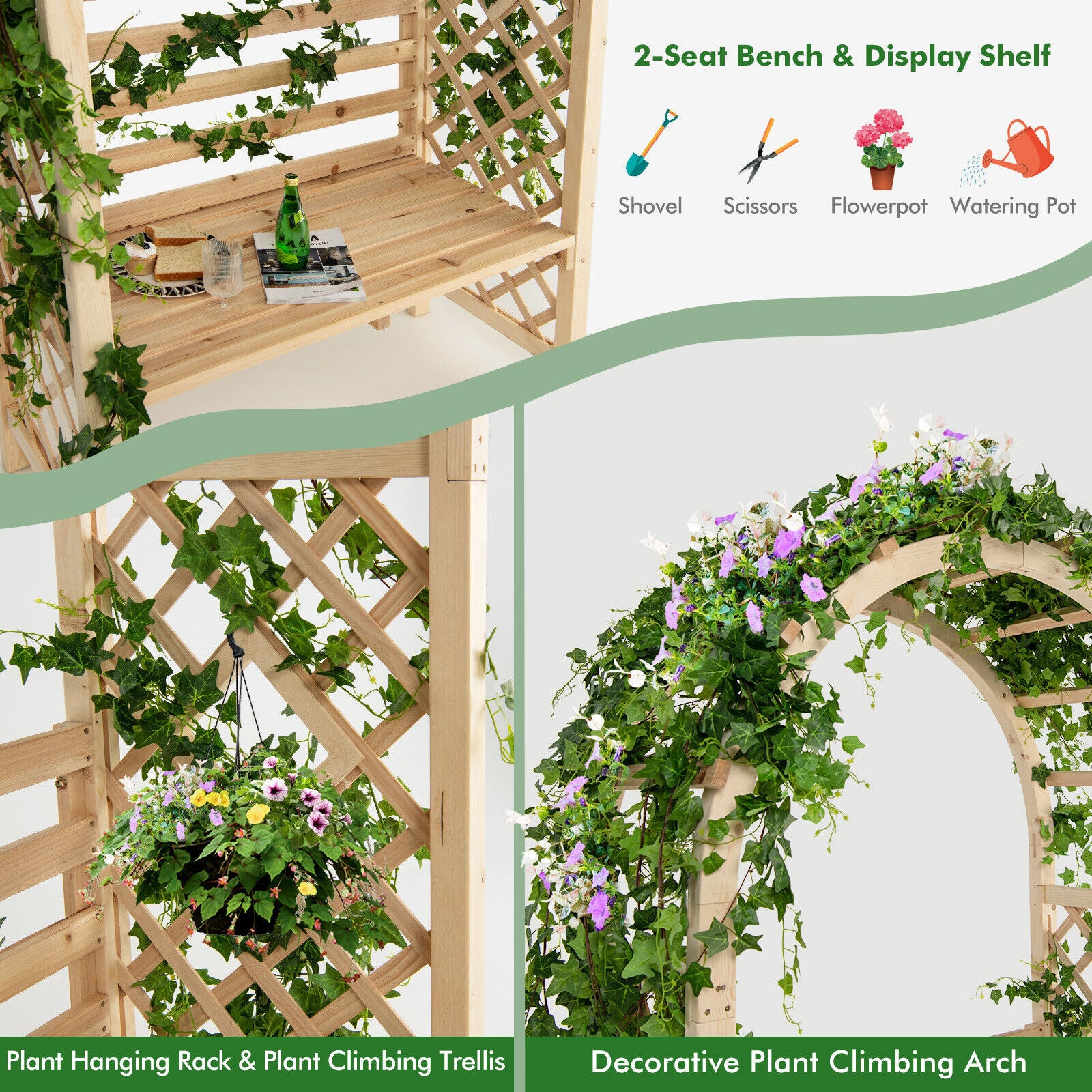 Wooden Garden Bench Arch Pergola Outdoor Arbor