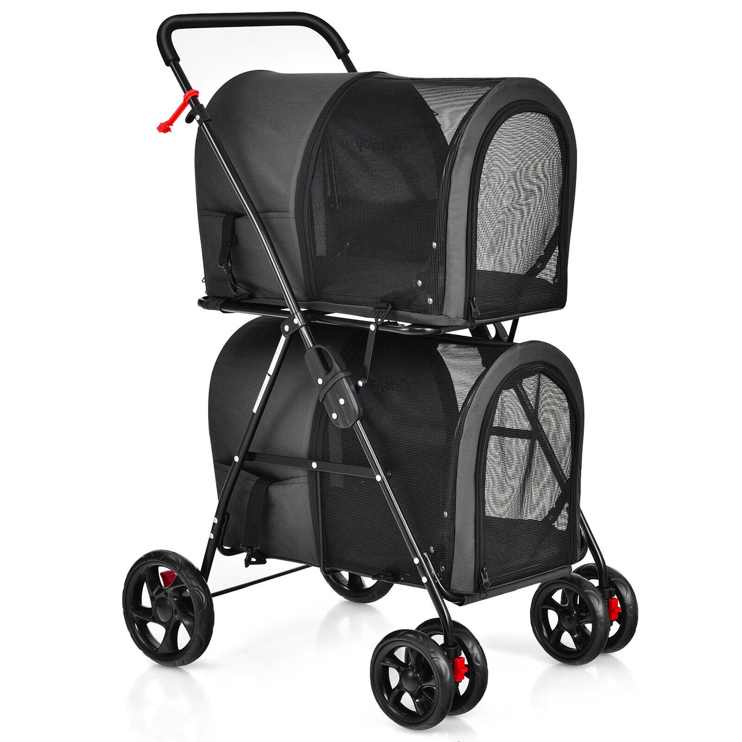 4-in-1 Double Pet Stroller with Detachable Carrier and Travel Carriage-Gray - Black