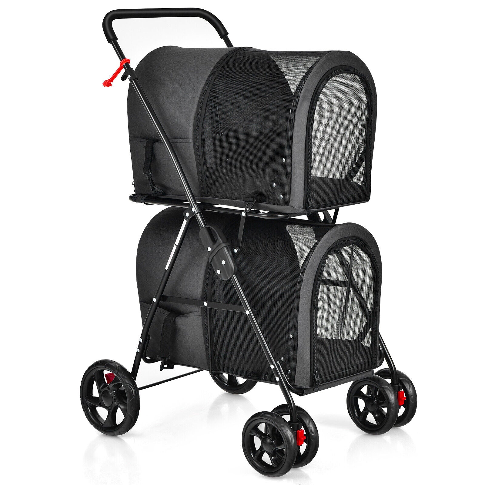 4-in-1 Double Pet Stroller with Detachable Carrier and Travel Carriage-Gray - Black