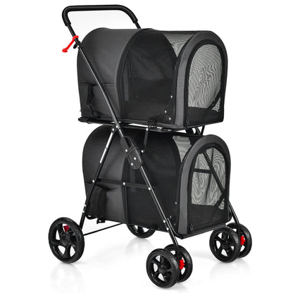 4-in-1 Double Pet Stroller with Detachable Carrier and Travel Carriage-Gray - Black
