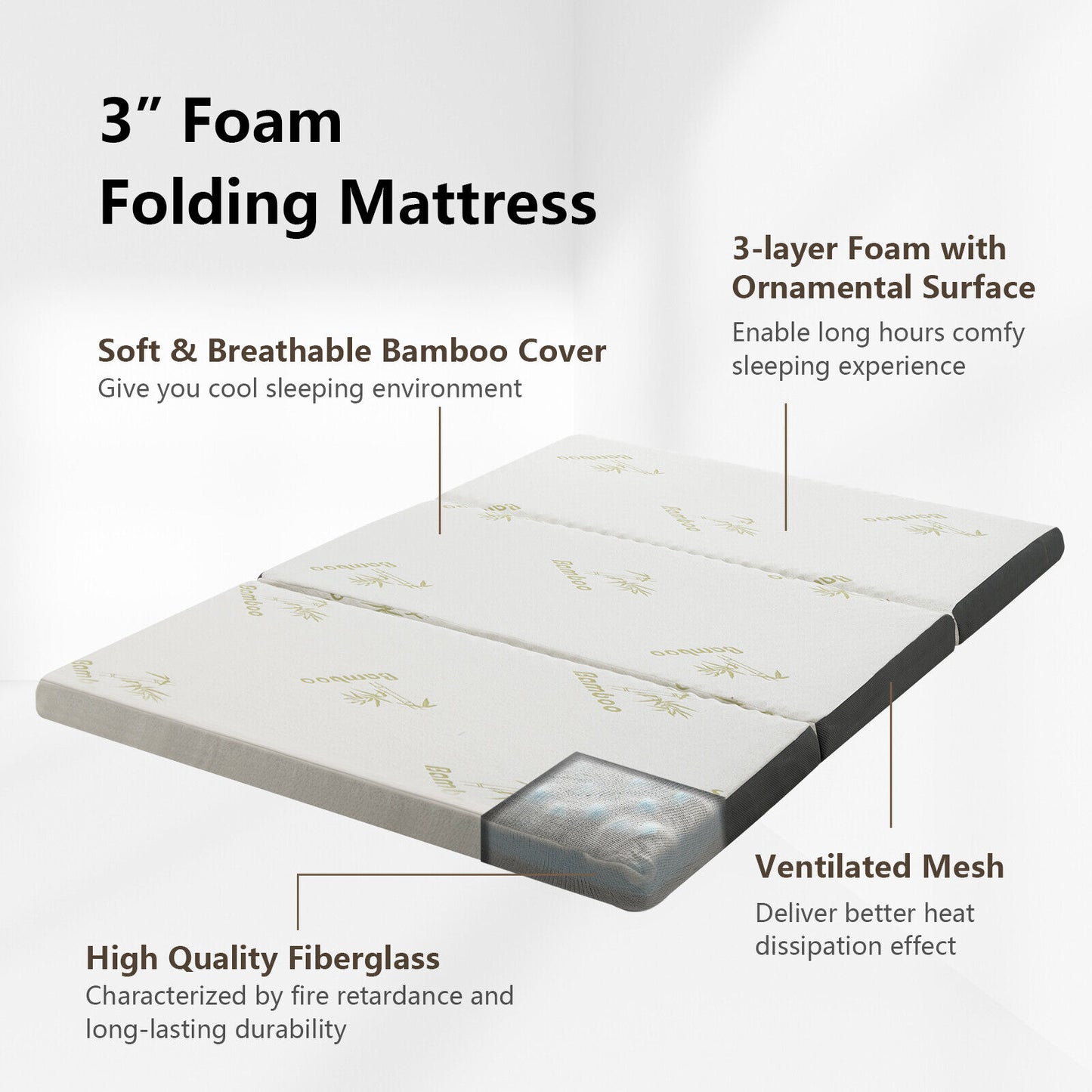 Portable Tri-fold Memory Foam Floor Mattress Topper Portable with Carrying Bag