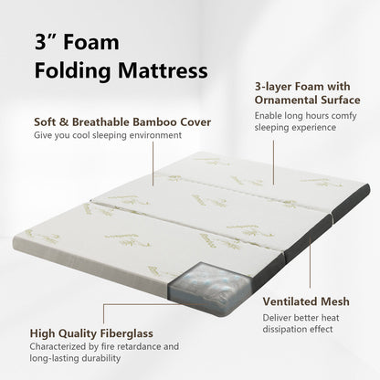 Portable Tri-fold Memory Foam Floor Mattress Topper Portable with Carrying Bag