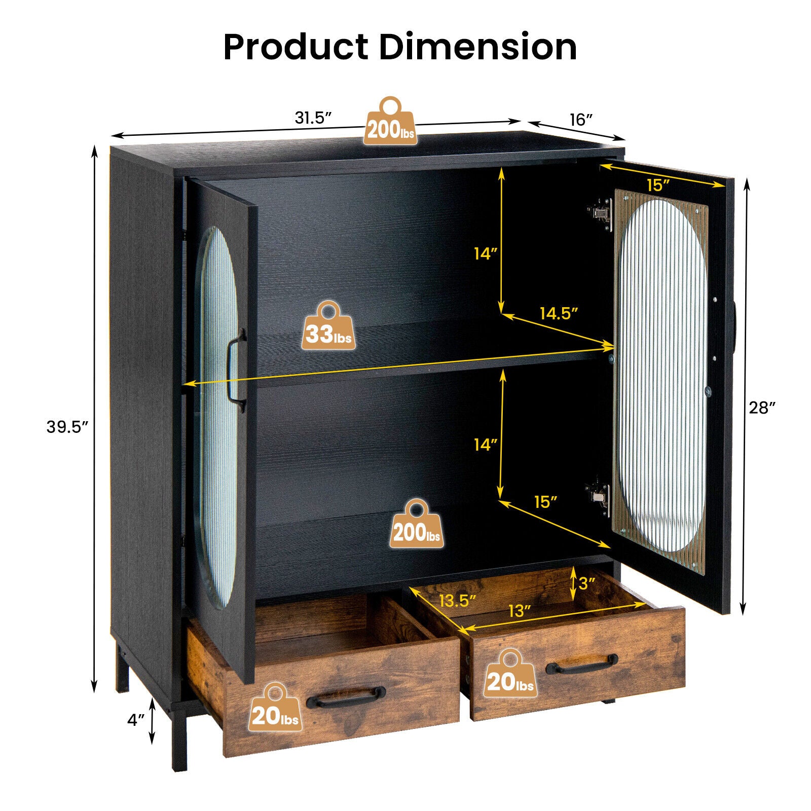 Kitchen Industrial Buffet Sideboard with Tempered Glass Doors-Black