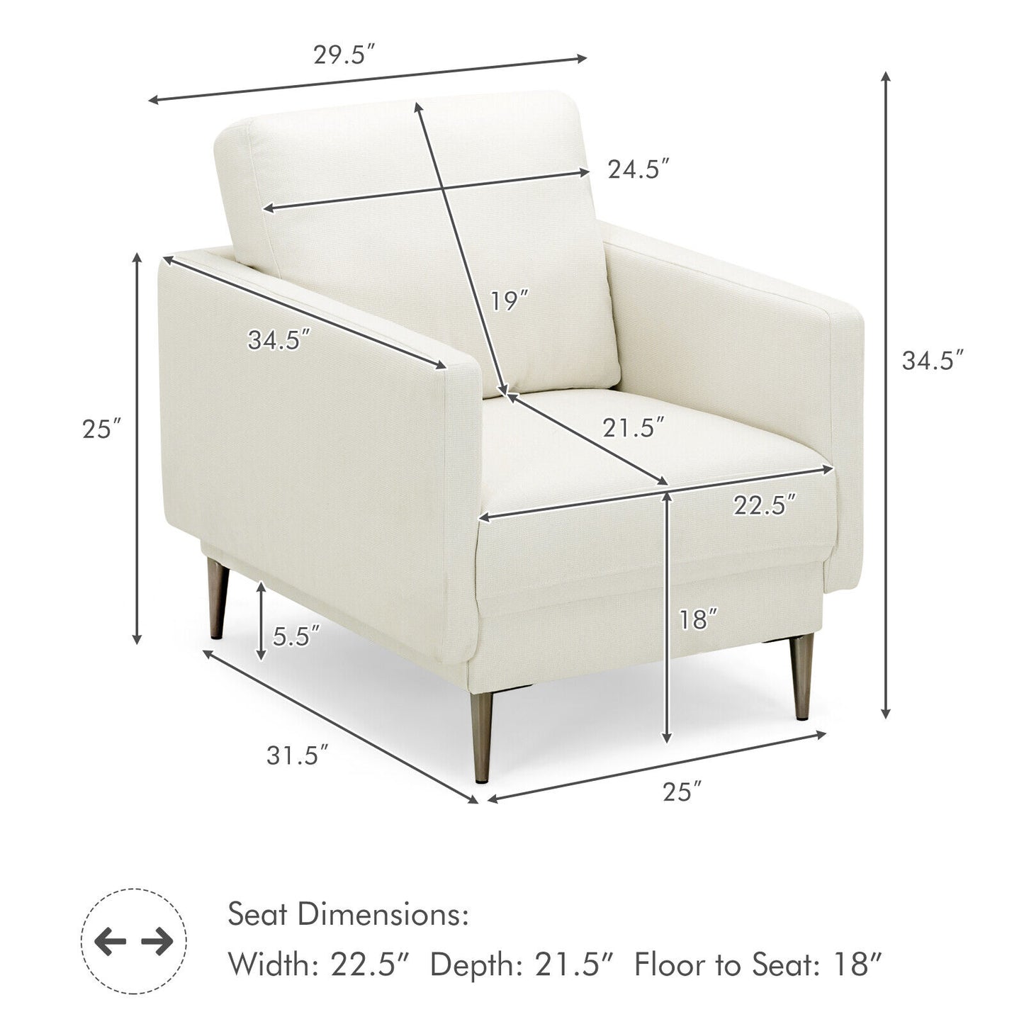 Modern Upholstered Accent Chair with Removable Backrest Cushion-White