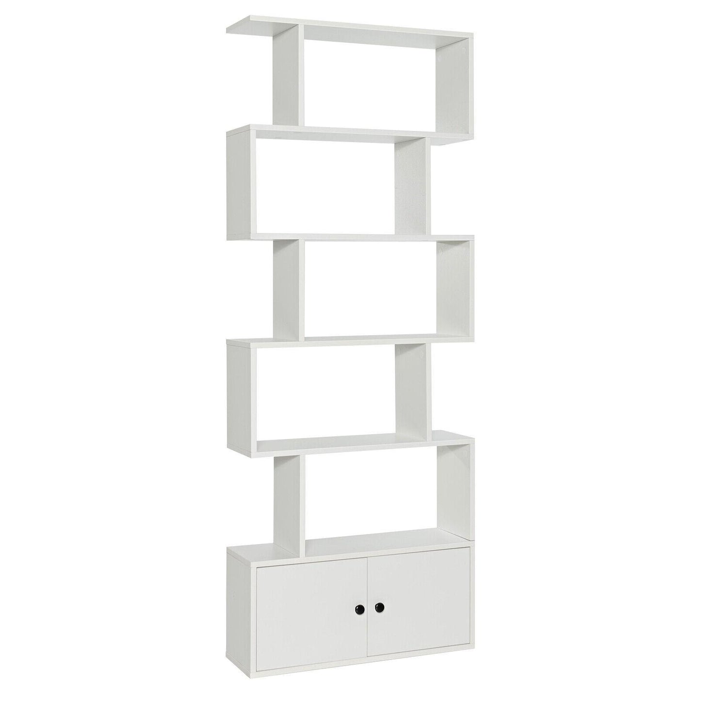 6-Tier S-Shaped Freestanding Bookshelf with Cabinet and Doors-Coffee - White