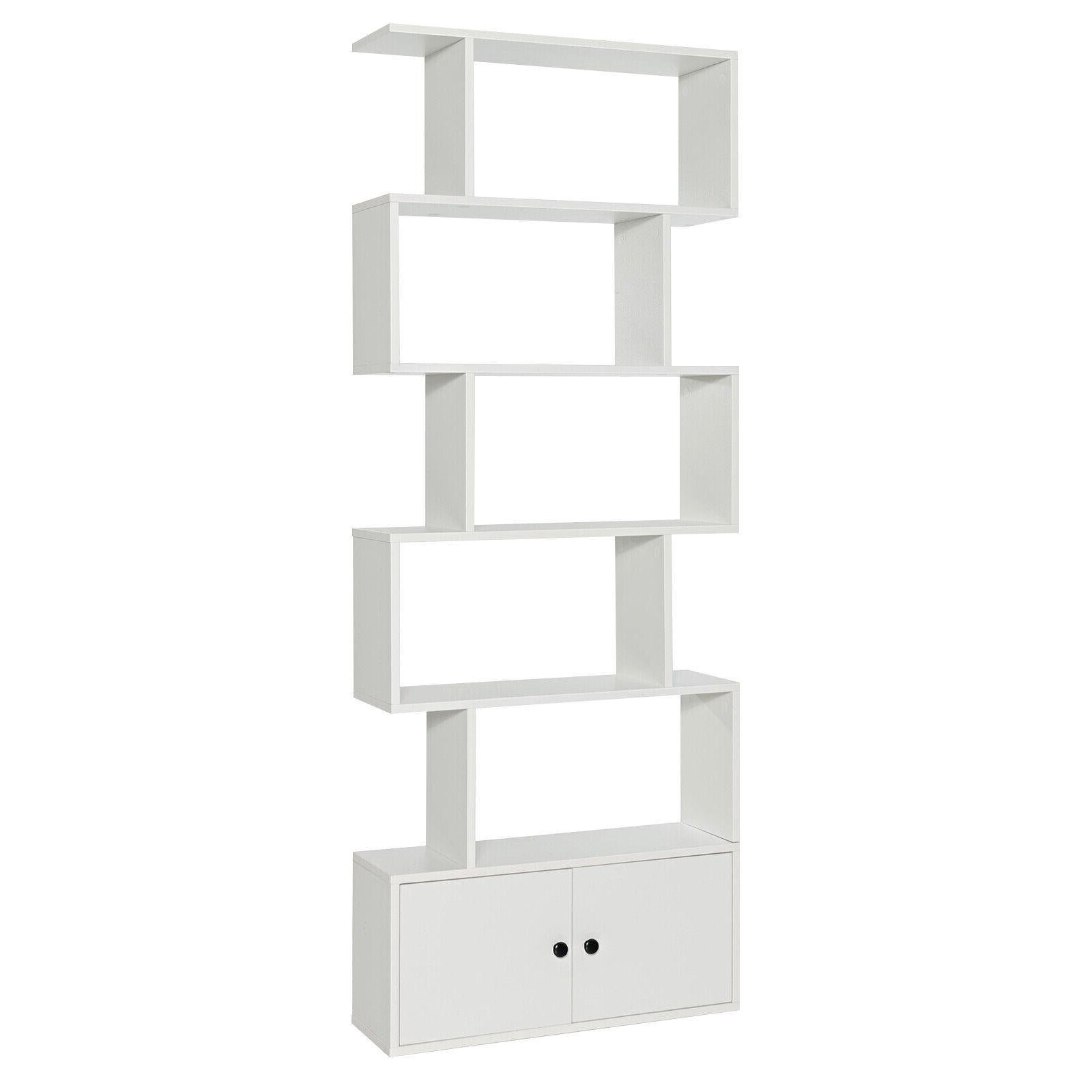 6-Tier S-Shaped Freestanding Bookshelf with Cabinet and Doors-Coffee - White