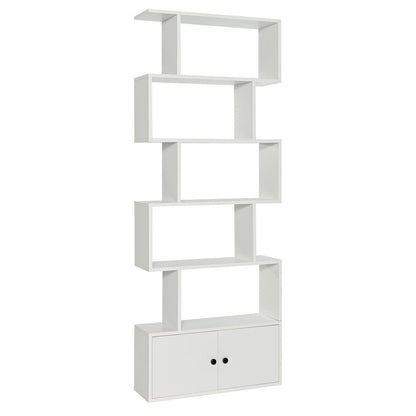 6-Tier S-Shaped Freestanding Bookshelf with Cabinet and Doors-Coffee - White