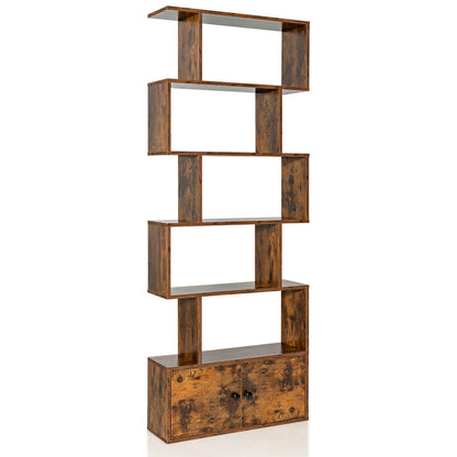 6-Tier S-Shaped Freestanding Bookshelf with Cabinet and Doors-Coffee - Coffee