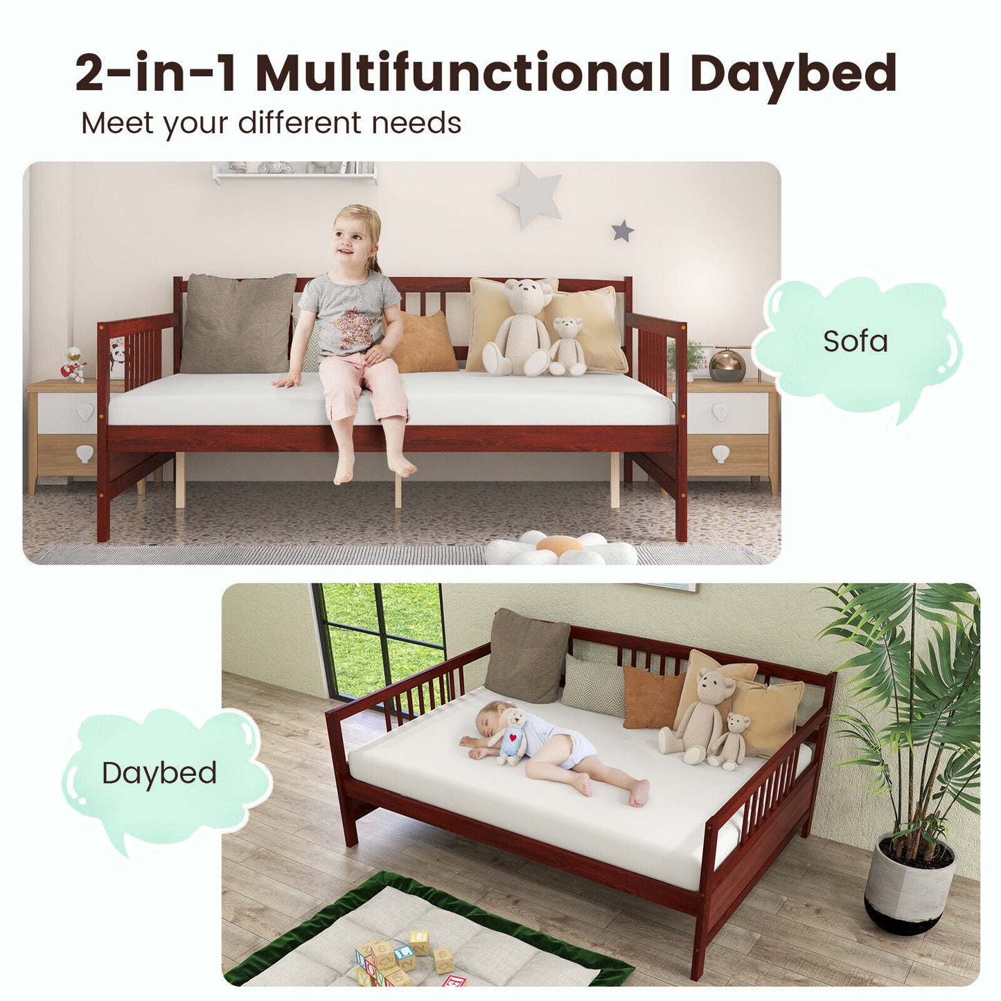 Classic Wooden Full Size Daybed Frame with Guardrails-Brown - Brown