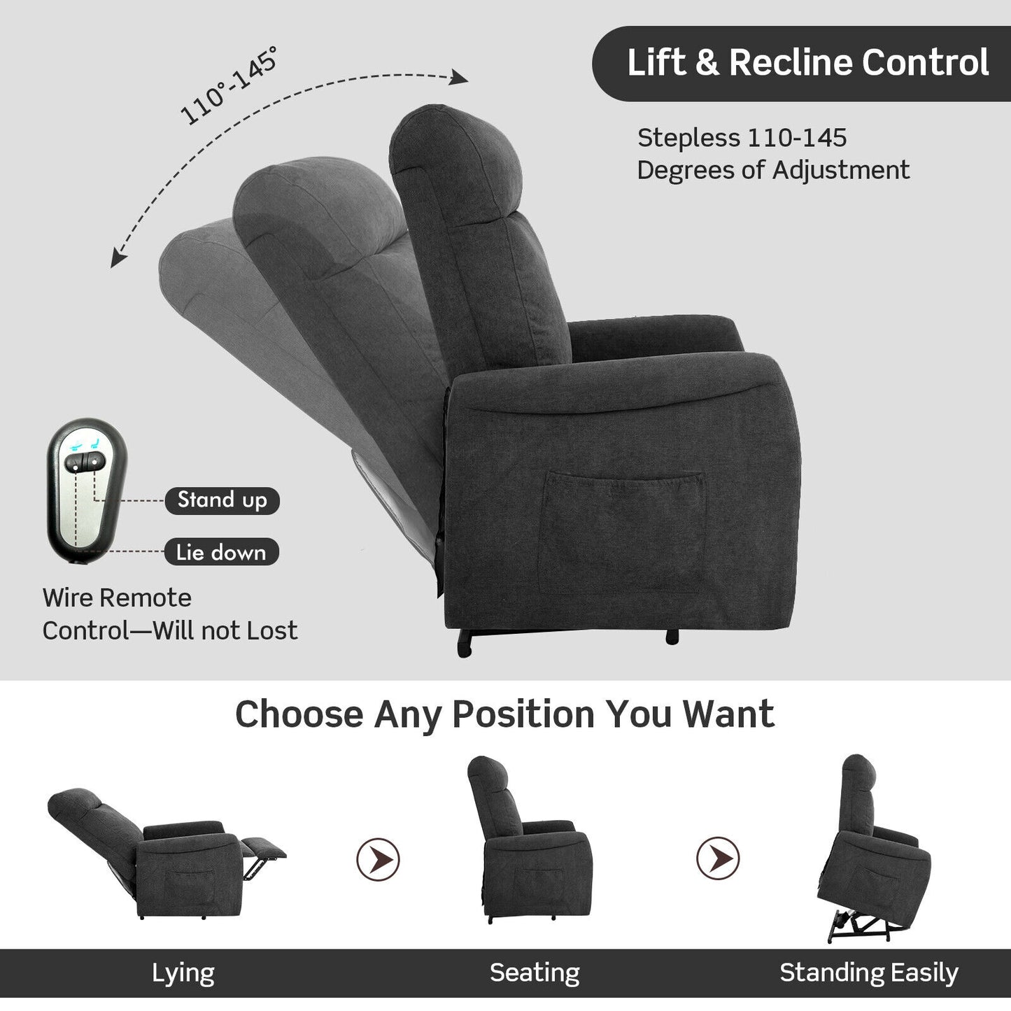 Power Lift Recliner Chair with Remote Control for Elderly-Gray