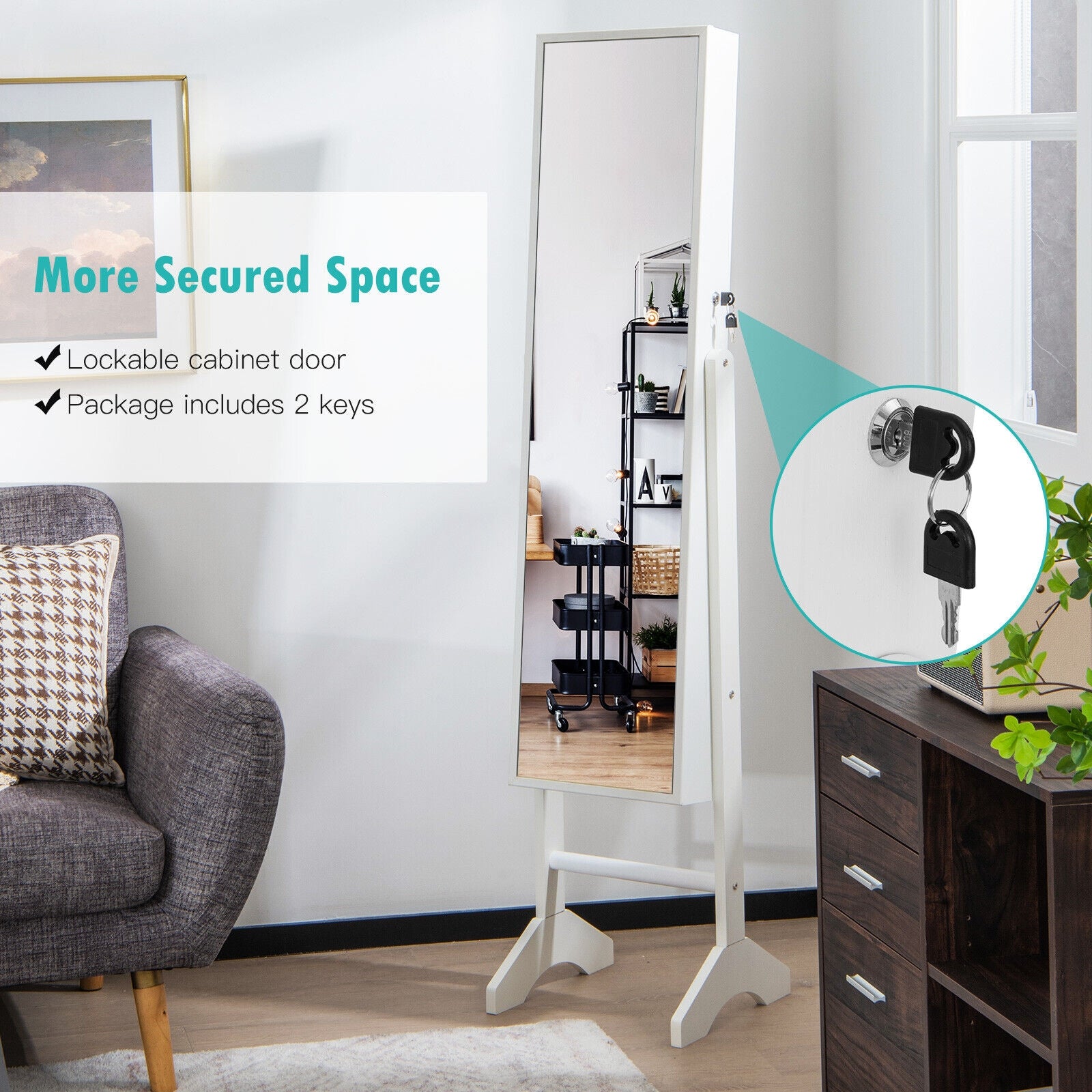 Free-Standing Jewelry Cabinet with Full-Length Mirror and Lockable Door-White