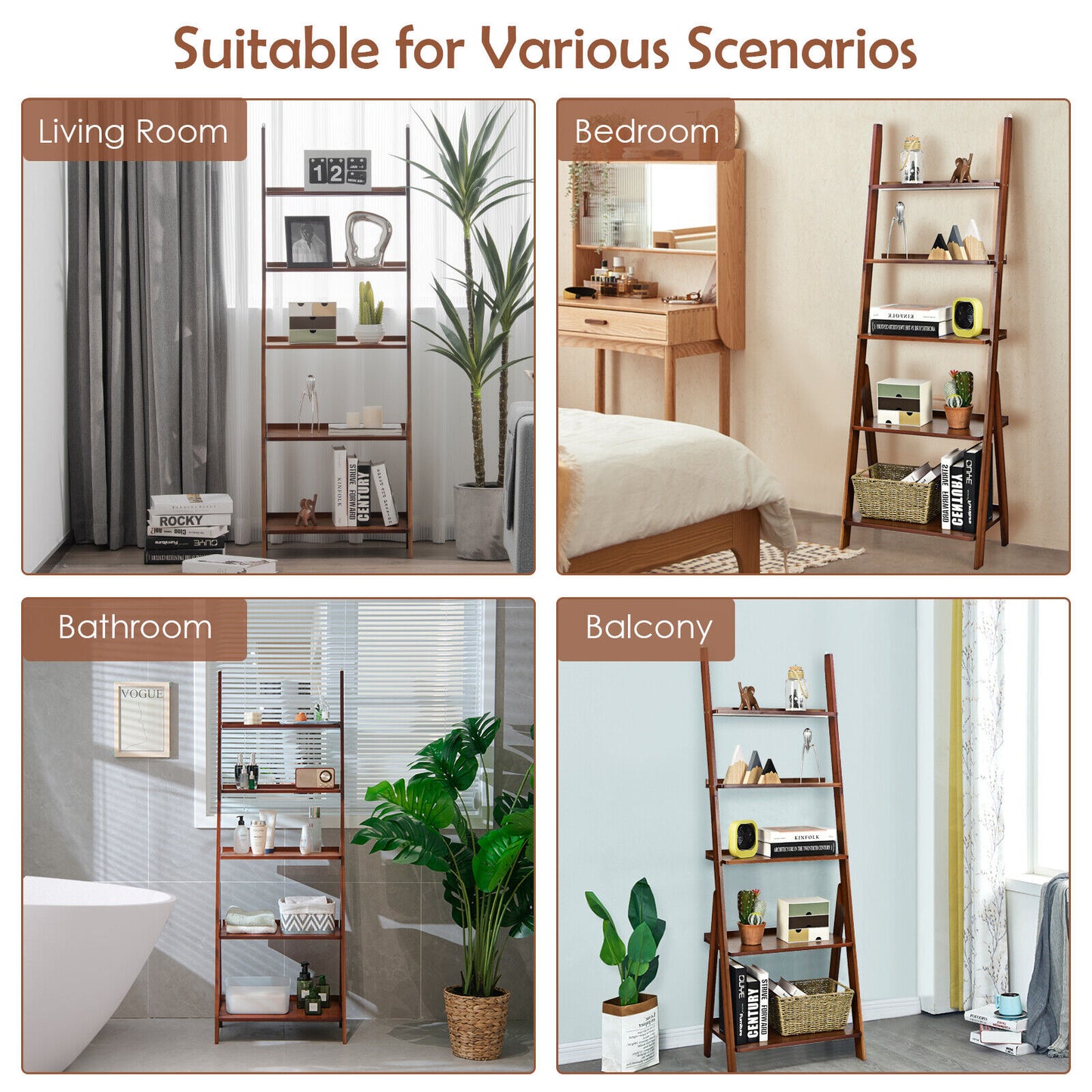 5-Tier Bamboo Ladder Shelf for Home Use