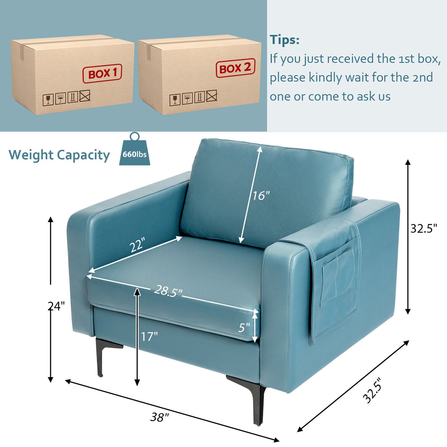 Modern Accent Armchair with Side Storage Pocket-Blue