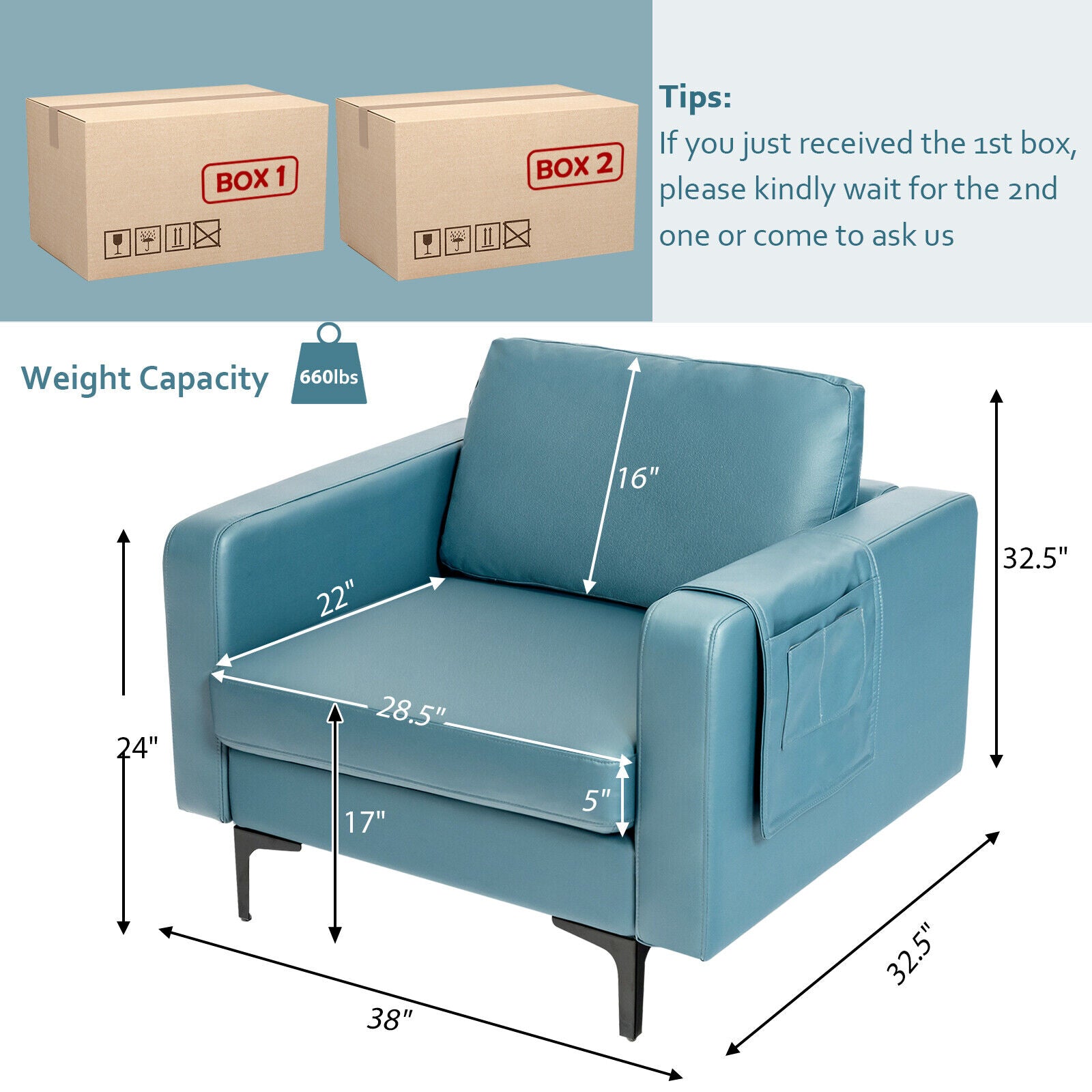 Modern Accent Armchair with Side Storage Pocket-Blue