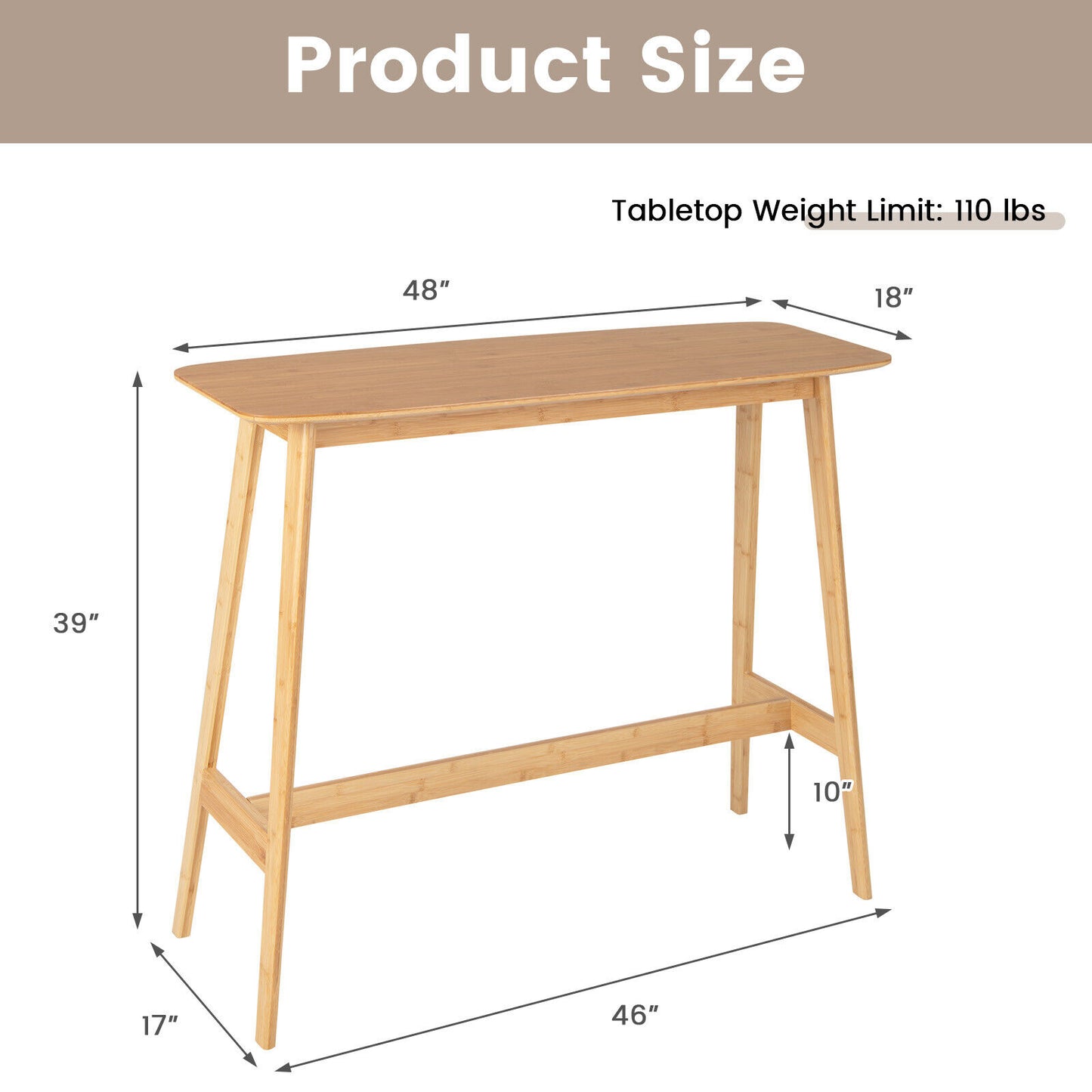 48 Inch Bamboo Bar Table High Top Console Dining Pub Table-Natural