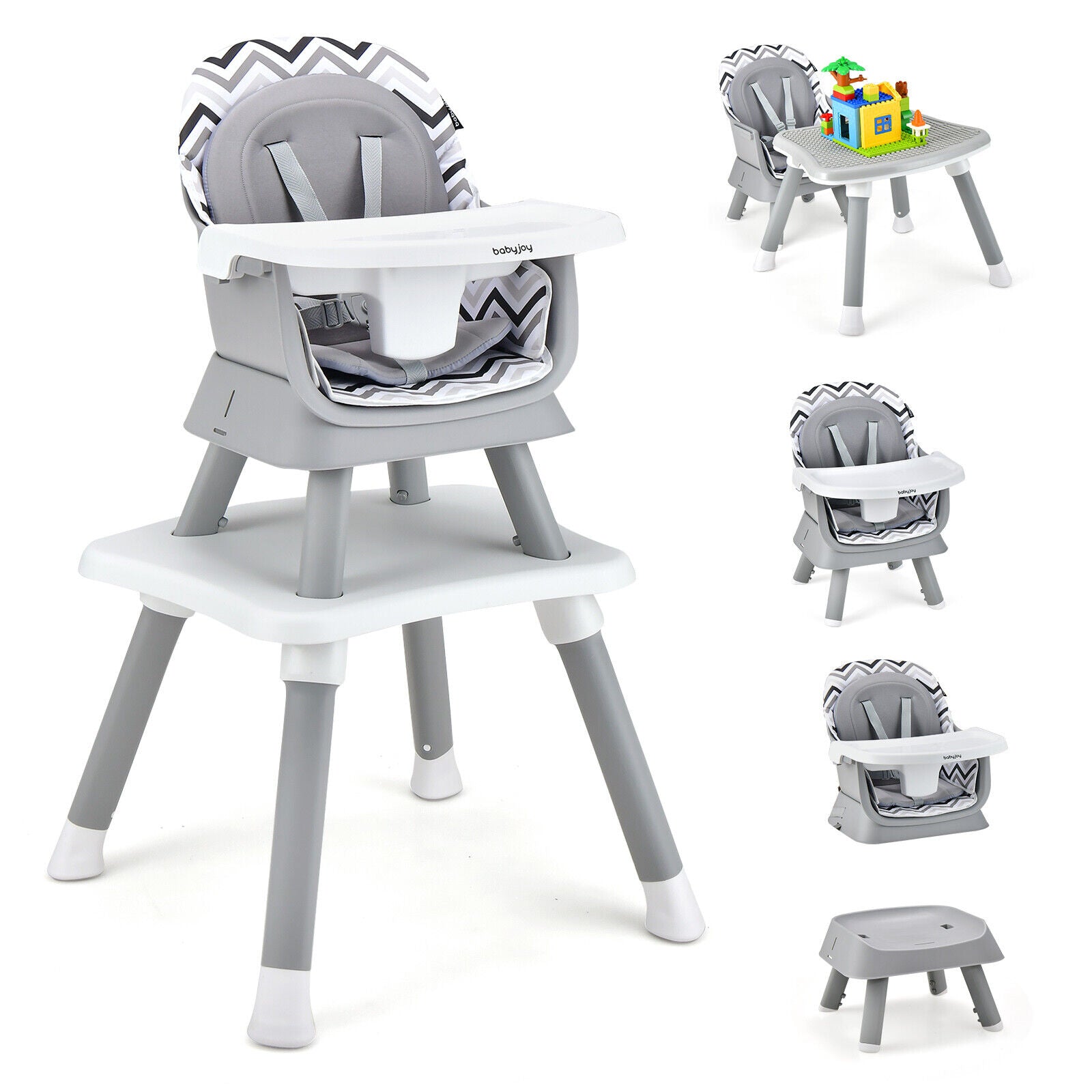 6-in-1 Convertible Baby High Chair with Adjustable Removable Tray-Black - Gray And White