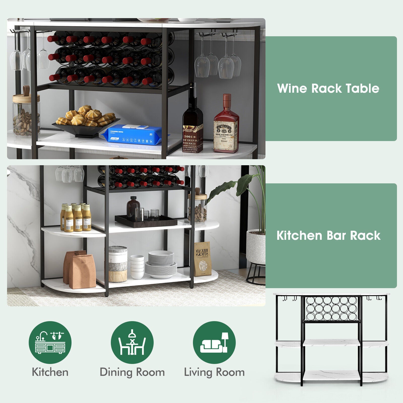 47 Inches Wine Rack Table with Glass Holder and Storage Shelves-White - White