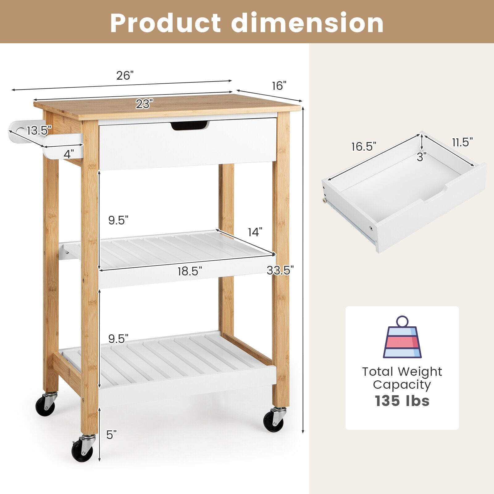 3-Tier Kitchen Island Cart Rolling Service Trolley with Bamboo Top-Natural