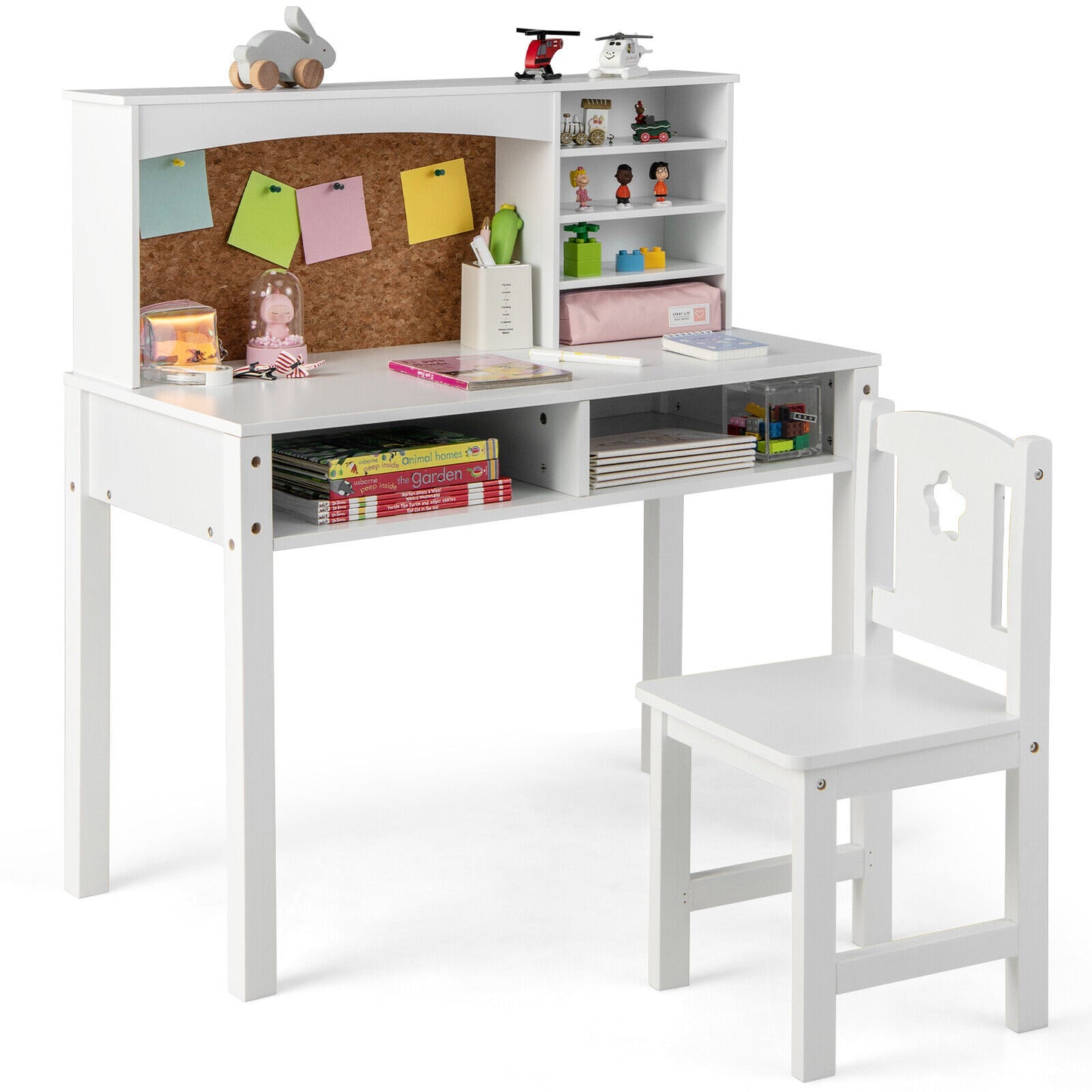 Kids Desk and Chair Set with Hutch and Bulletin Board for 3+ Kids-Pink - White
