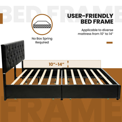 Full/Queen PU Leather Upholstered Platform Bed with 4 Drawers-Queen Size
