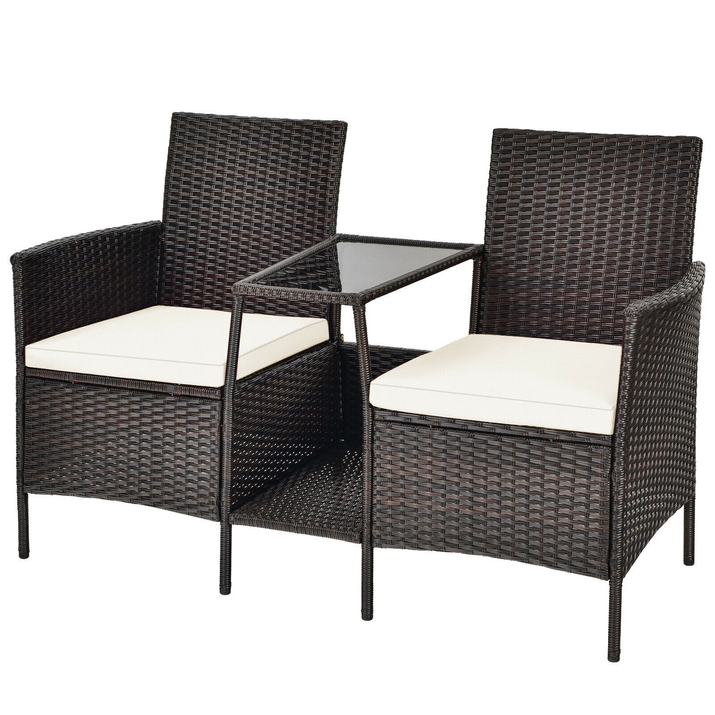 Patio Rattan Wicker Conversation Set Sofa Cushioned Loveseat Glass Table-Turquoise - Off White