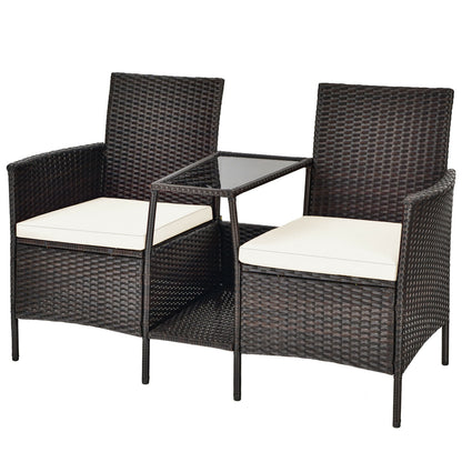 Patio Rattan Wicker Conversation Set Sofa Cushioned Loveseat Glass Table-Turquoise - Off White