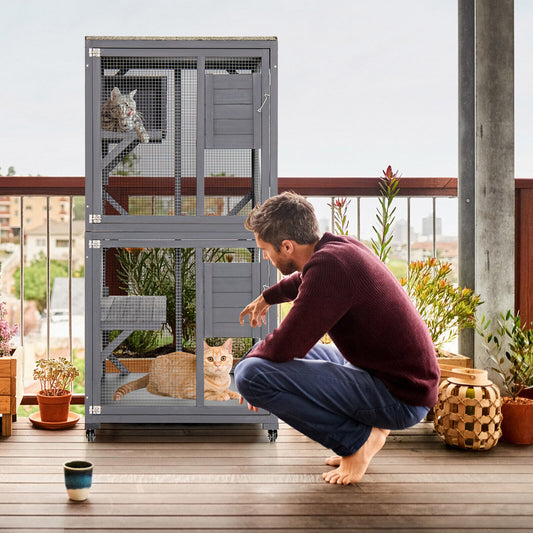 Outdoor Cat House Enclosures on Wheels Kitten Cages with Resting Box-Gray